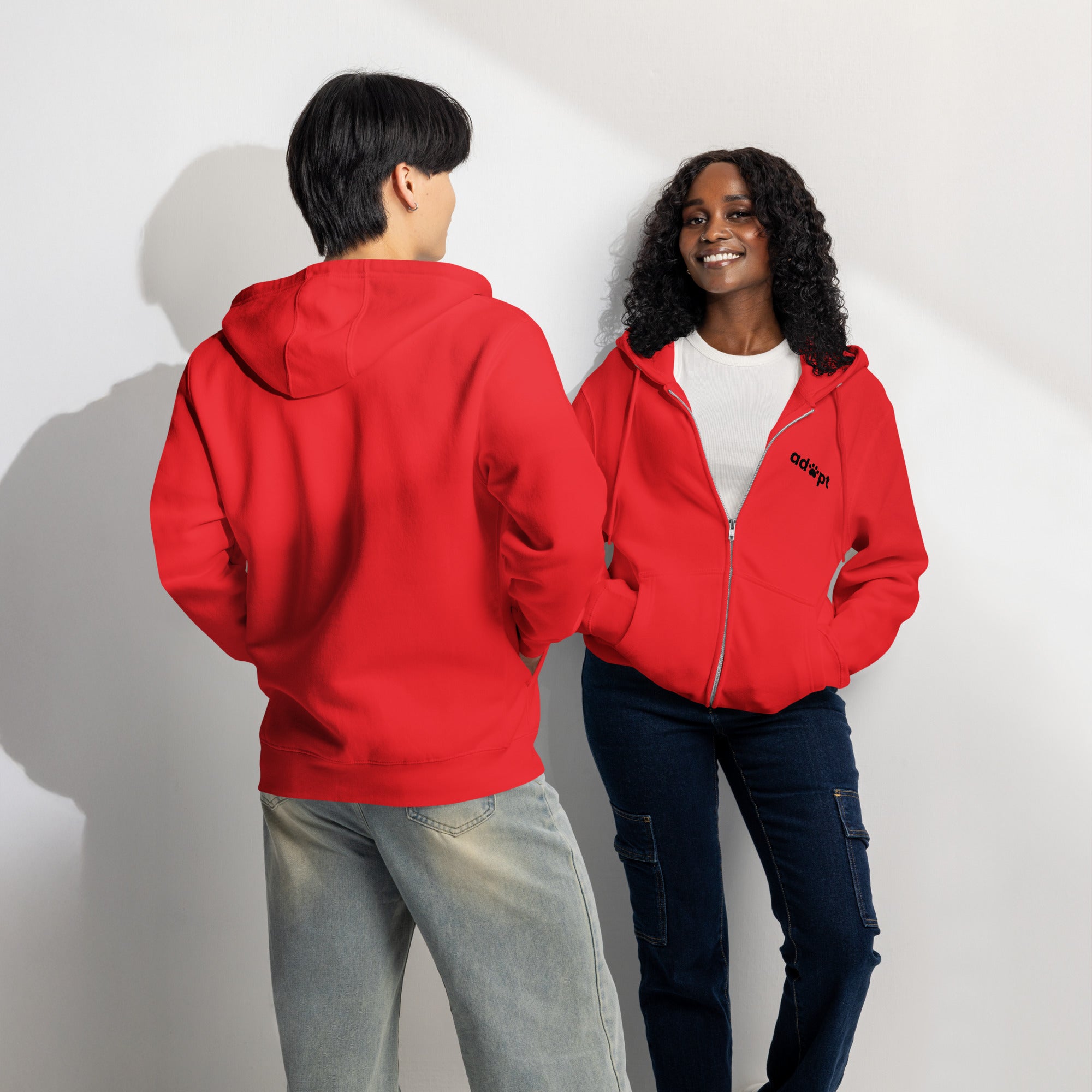 Adopt red zip up hoodie sweatshirt for women men cotton recycled polyester