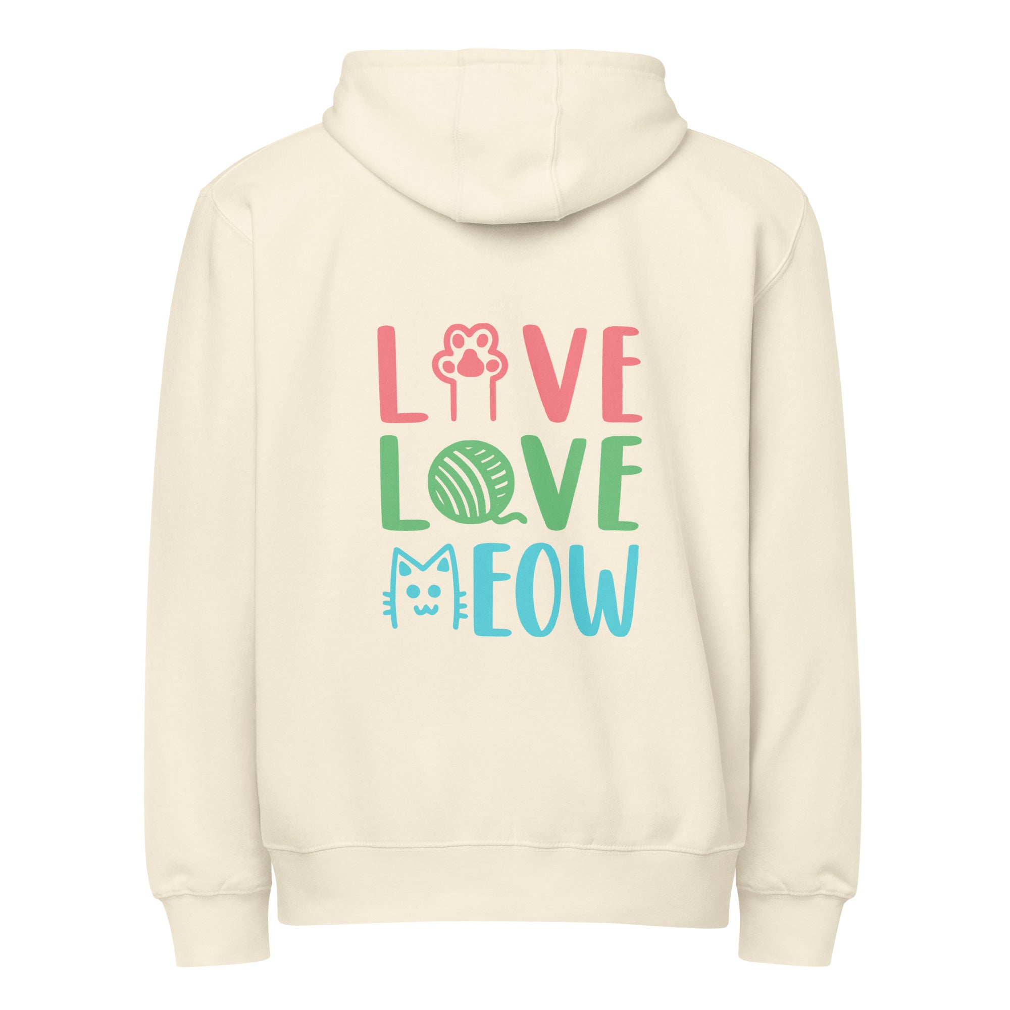 Live love meow cat natural zip up hoodie sweatshirt for women men cotton recycled polyester