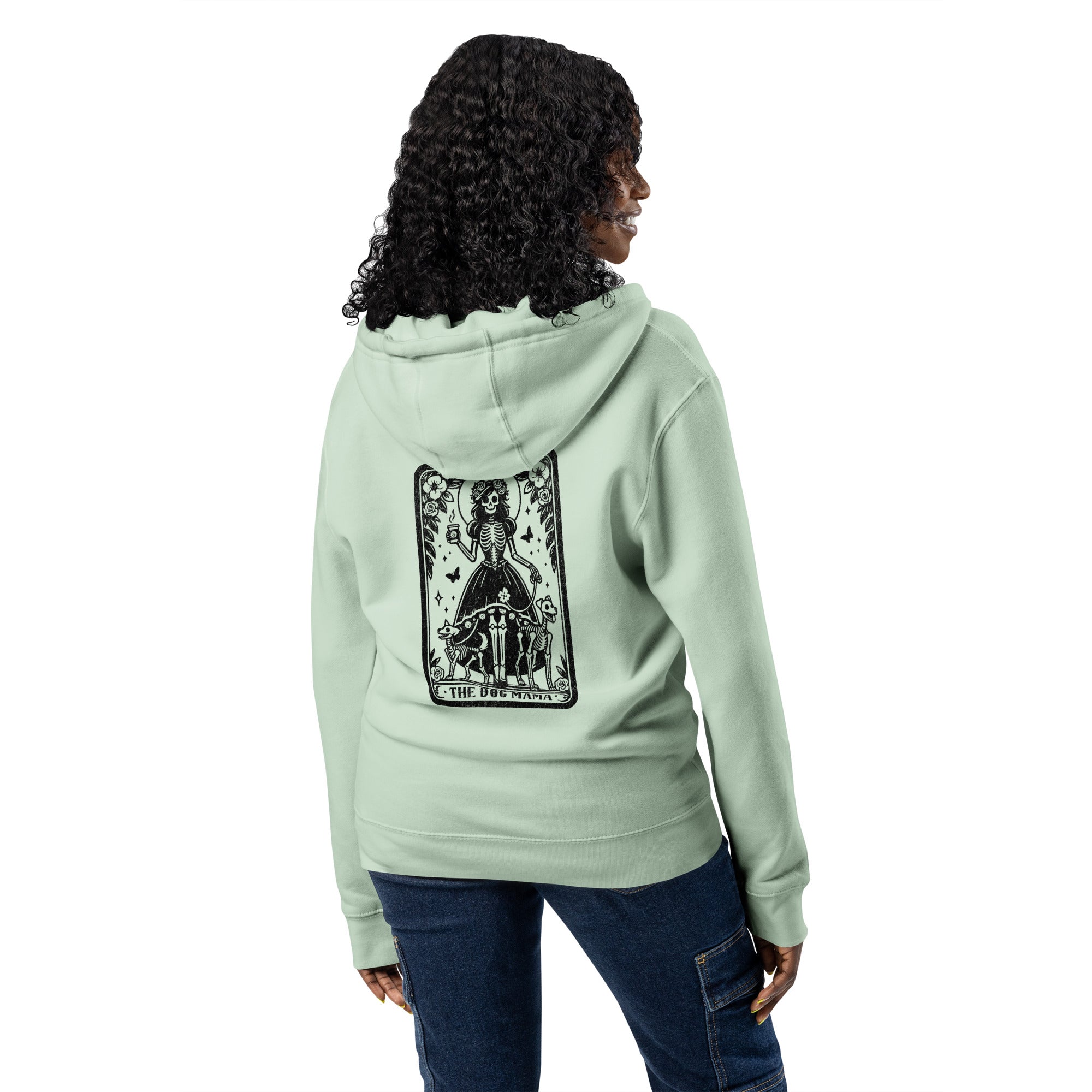 Dog mama tarot card light green zip up hoodie sweatshirt for women men cotton recycled polyester