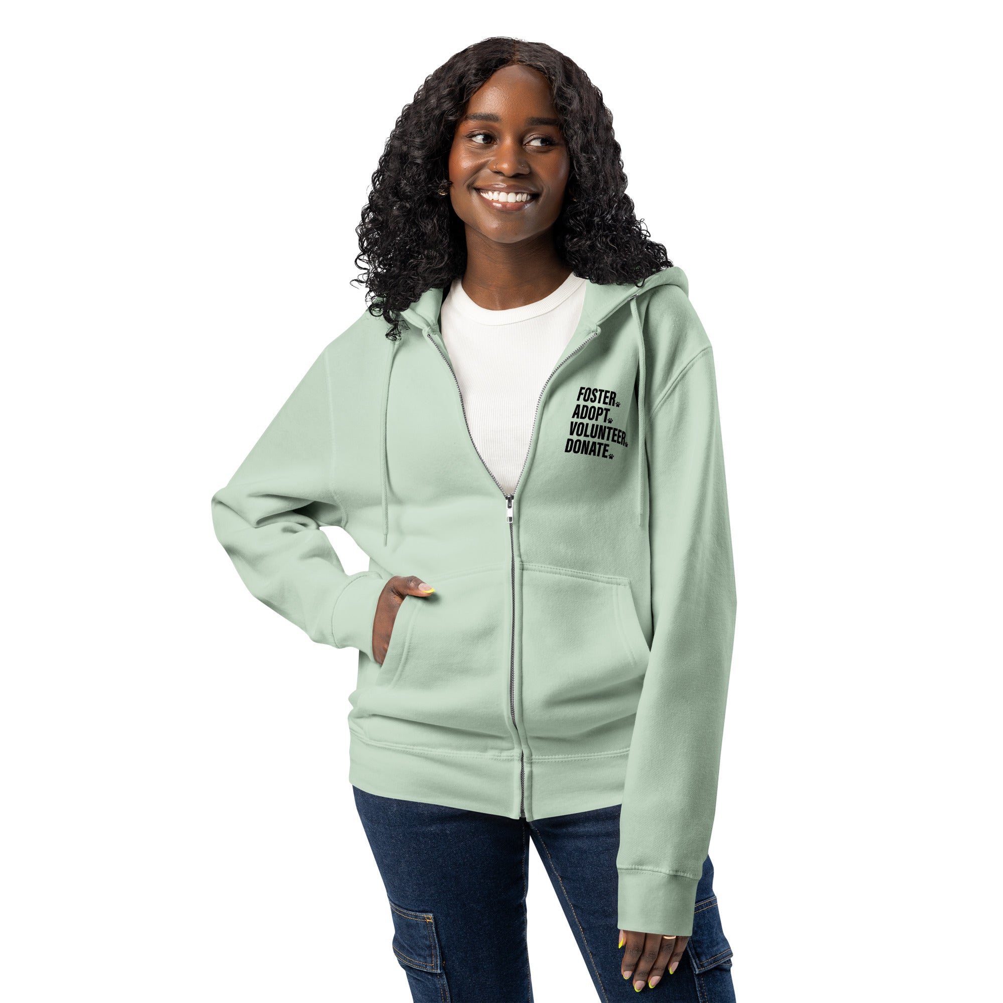 Foster adopt volunteer donate paw print light green zip up hoodie sweatshirt for women men cotton recycled polyester