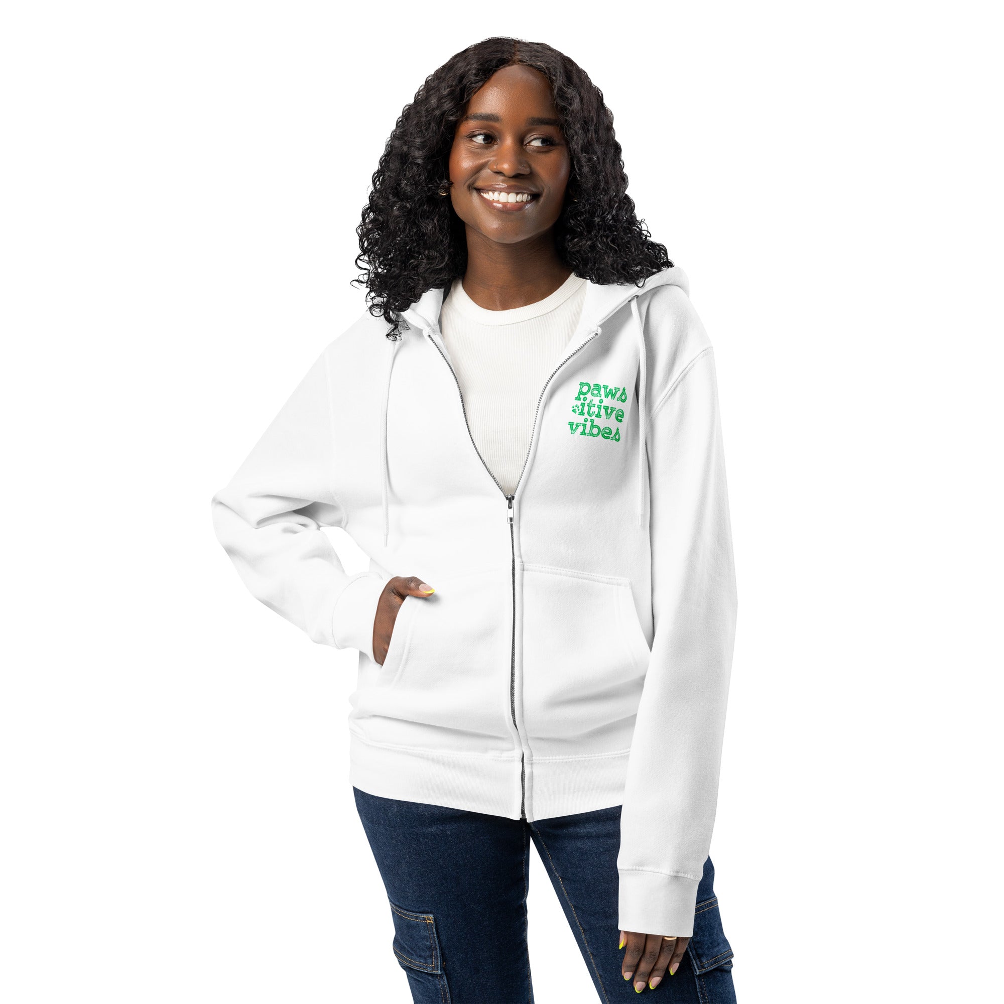 Pawsitive vibes white zip up hoodie sweatshirt for women men cotton recycled polyester