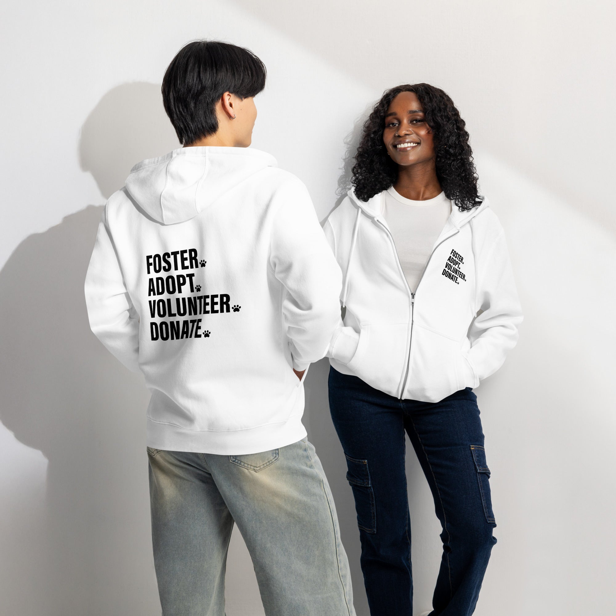 Foster adopt volunteer donate paw print white zip up hoodie sweatshirt for women men cotton recycled polyester
