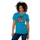 aqua blue unisex t-shirt with encouraging saying "it's okay to be different" in red, pink floral design