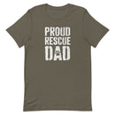 men's army brown t-shirt with "proud rescue dad" vintage text for cat and dog dads of shelter pets