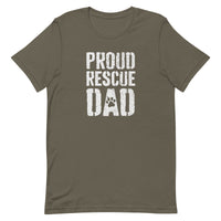 men's army brown t-shirt with "proud rescue dad" vintage text for cat and dog dads of shelter pets