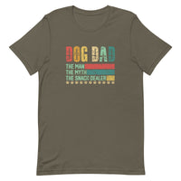 men's vintage army brown t-shirt with "Dog Dad, the man, the myth, the snack dealer" distressed text 