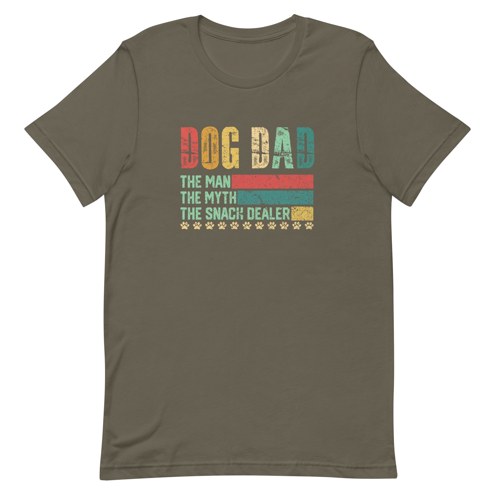 men's vintage army brown t-shirt with "Dog Dad, the man, the myth, the snack dealer" distressed text 