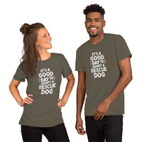 army brown t-shirt with shelter pet adoption text "it's a good day to adopt a rescue dog" in white