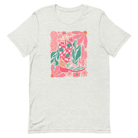 women's light gray T-shirt with Cowgirl Boot, feminine Western Design with cactus, flowers in pink, green