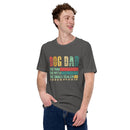 men's vintage gray t-shirt with "Dog Dad, the man, the myth, the snack dealer" distressed text 