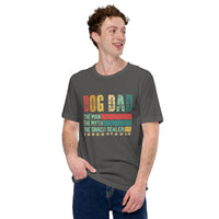 men's vintage gray t-shirt with "Dog Dad, the man, the myth, the snack dealer" distressed text 