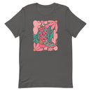women's gray T-shirt with Cowgirl Boot, feminine Western Design with cactus, flowers in pink, green