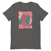 women's gray T-shirt with Cowgirl Boot, feminine Western Design with cactus, flowers in pink, green