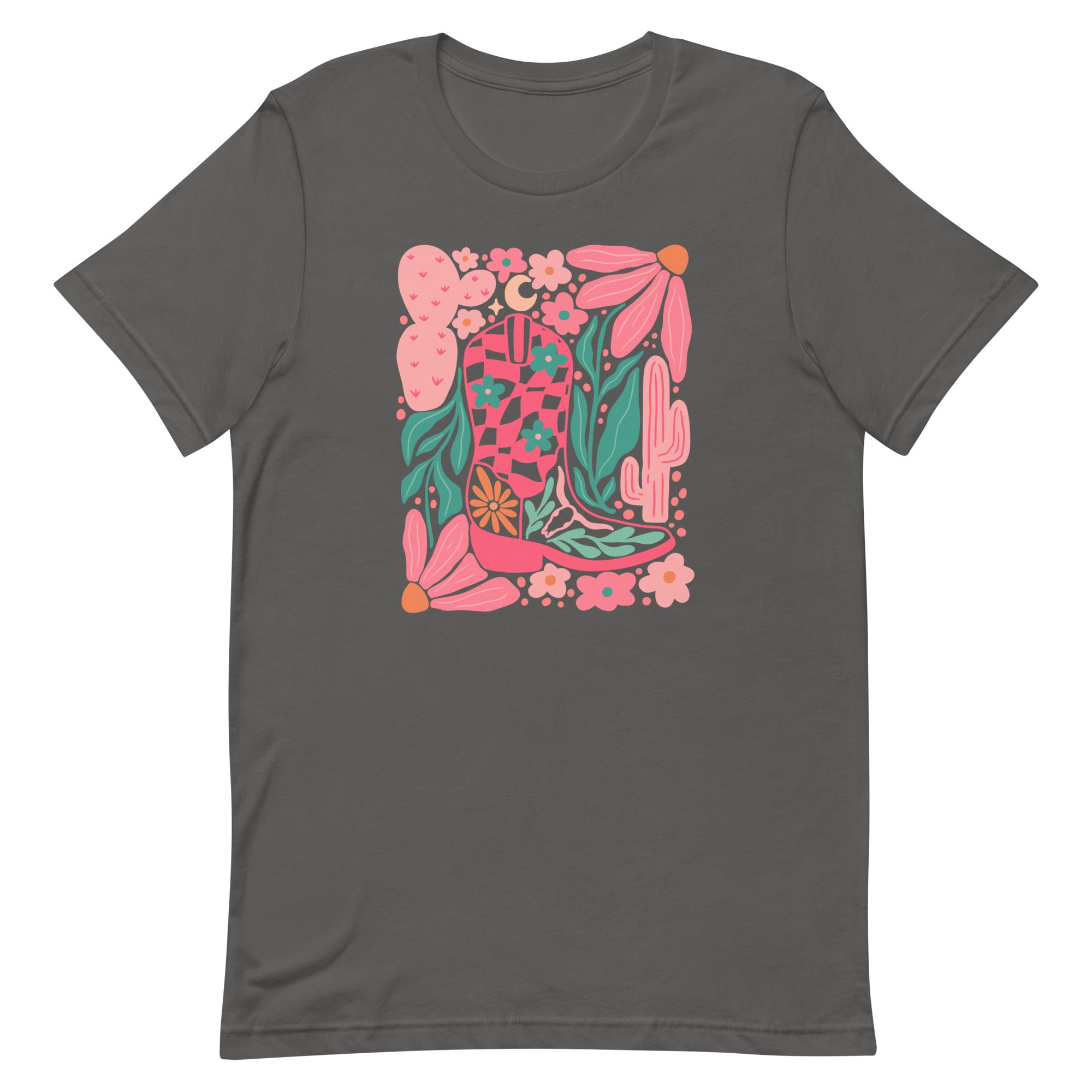 women's gray T-shirt with Cowgirl Boot, feminine Western Design with cactus, flowers in pink, green