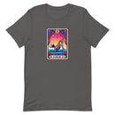 unisex gray dog humor t-shirt with skeleton dog doing yoga on a tarot card. "downward dog" text on bright colors. 