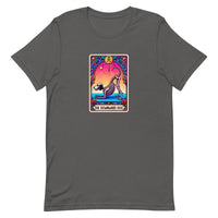unisex gray dog humor t-shirt with skeleton dog doing yoga on a tarot card. "downward dog" text on bright colors. 