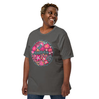 gray women's t-shirt with vintage boho pink floral design with "Mama" text