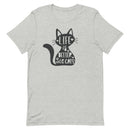 women's light gray t-shirt with "Life is better with cats" text on black cat image, gift for cat moms
