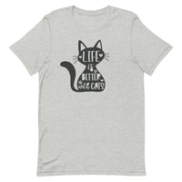 women's light gray t-shirt with "Life is better with cats" text on black cat image, gift for cat moms