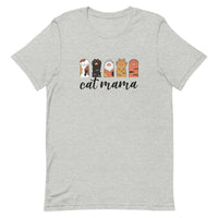 light gray t-shirt with 'cat mama' text and cat paw illustrations doing the rock, paper, scissors game