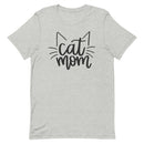 cute women's light gray t-shirt with "Cat Mom" surrounded by cat ears and cat whiskers in black