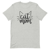 cute women's light gray t-shirt with "Cat Mom" surrounded by cat ears and cat whiskers in black
