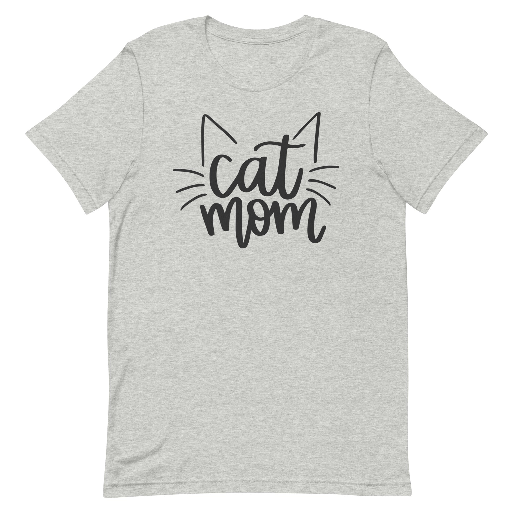 cute women's light gray t-shirt with "Cat Mom" surrounded by cat ears and cat whiskers in black