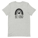 light gray unisex t-shirt with positive message "be kind" with a cute rainbow and heart. all black design.