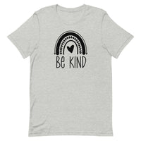 light gray unisex t-shirt with positive message "be kind" with a cute rainbow and heart. all black design.