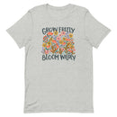 light gray Unisex T-shirt with be yourself message "Grow Freely Bloom Wildly" in a field of wildflowers