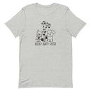 light gray t-shirt with animal, shelter pet saying "rescue, adopt, foster" with 3 cute cartoon dog images