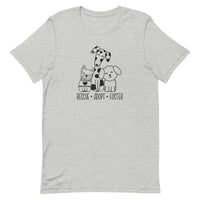 light gray t-shirt with animal, shelter pet saying "rescue, adopt, foster" with 3 cute cartoon dog images