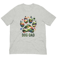 Light gray t-shirt with text "Dog Dad" in dark green with a camo print dog paw print for outdoorsy pet lovers.