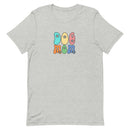 light gray women's t-shirt with simple cute "Dog Mom" text in bright 6 colors with floral accents for gift.