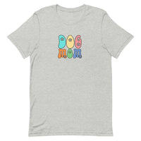 light gray women's t-shirt with simple cute "Dog Mom" text in bright 6 colors with floral accents for gift.