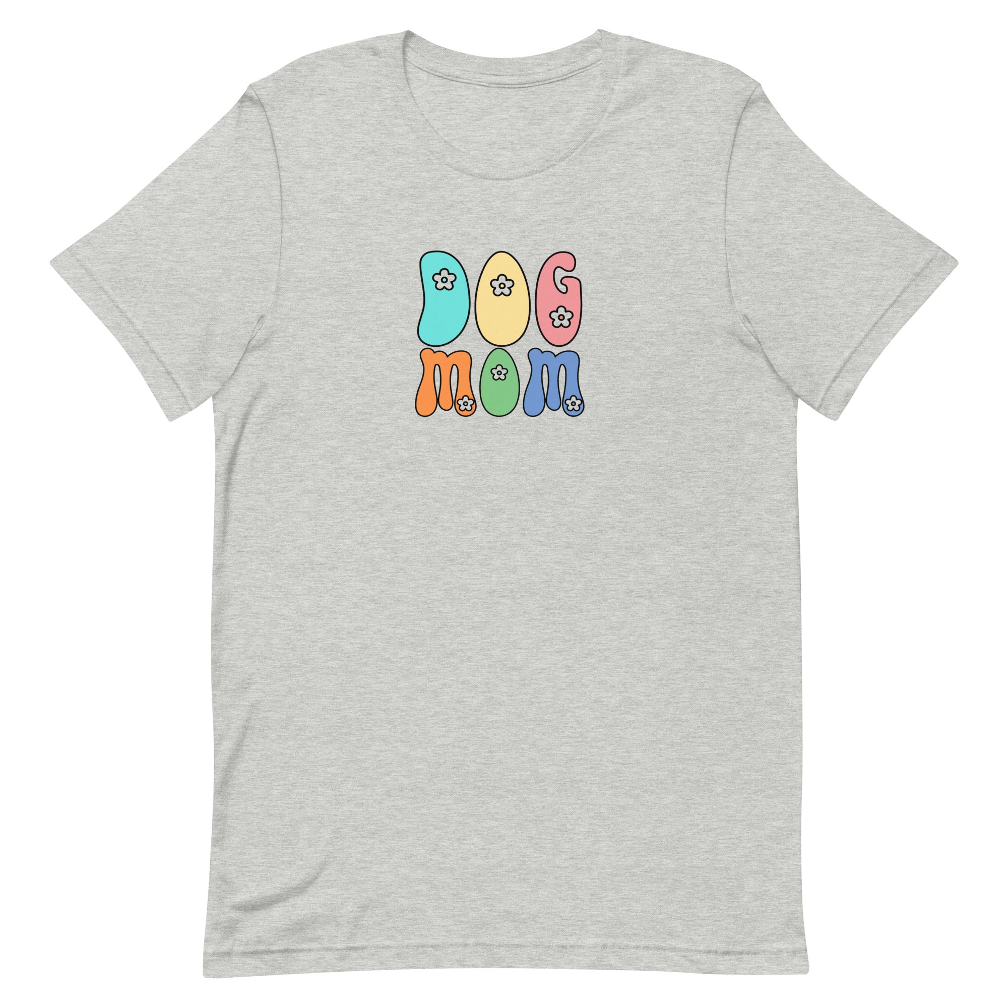 light gray women's t-shirt with simple cute "Dog Mom" text in bright 6 colors with floral accents for gift.