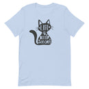 women's light blue t-shirt with "Life is better with cats" text on black cat image, gift for cat moms