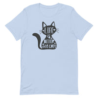 women's light blue t-shirt with "Life is better with cats" text on black cat image, gift for cat moms