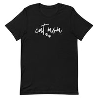 women's black t-shirt with simple, minimalist "cat mom" and cat paw prints in white