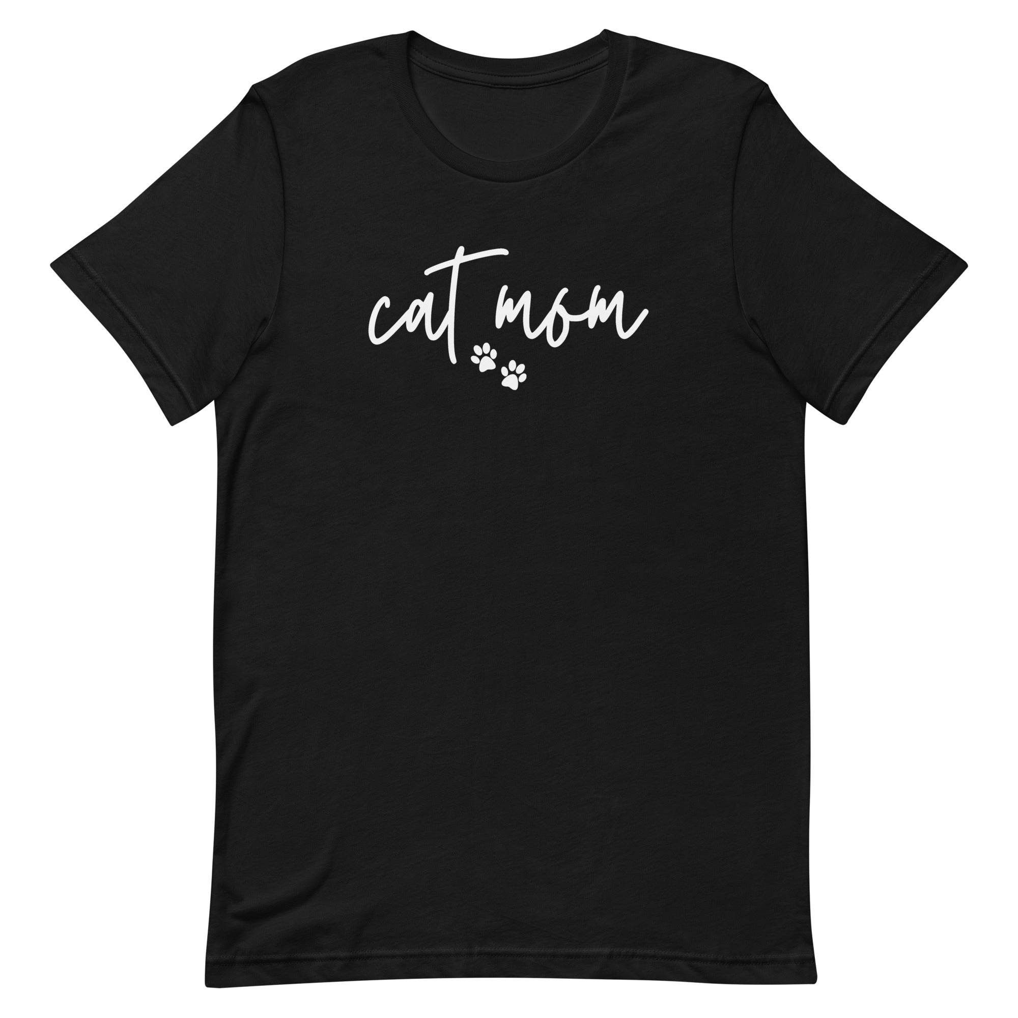women's black t-shirt with simple, minimalist "cat mom" and cat paw prints in white