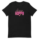 unisex black t-shirt with "choose happy" positive message in pink