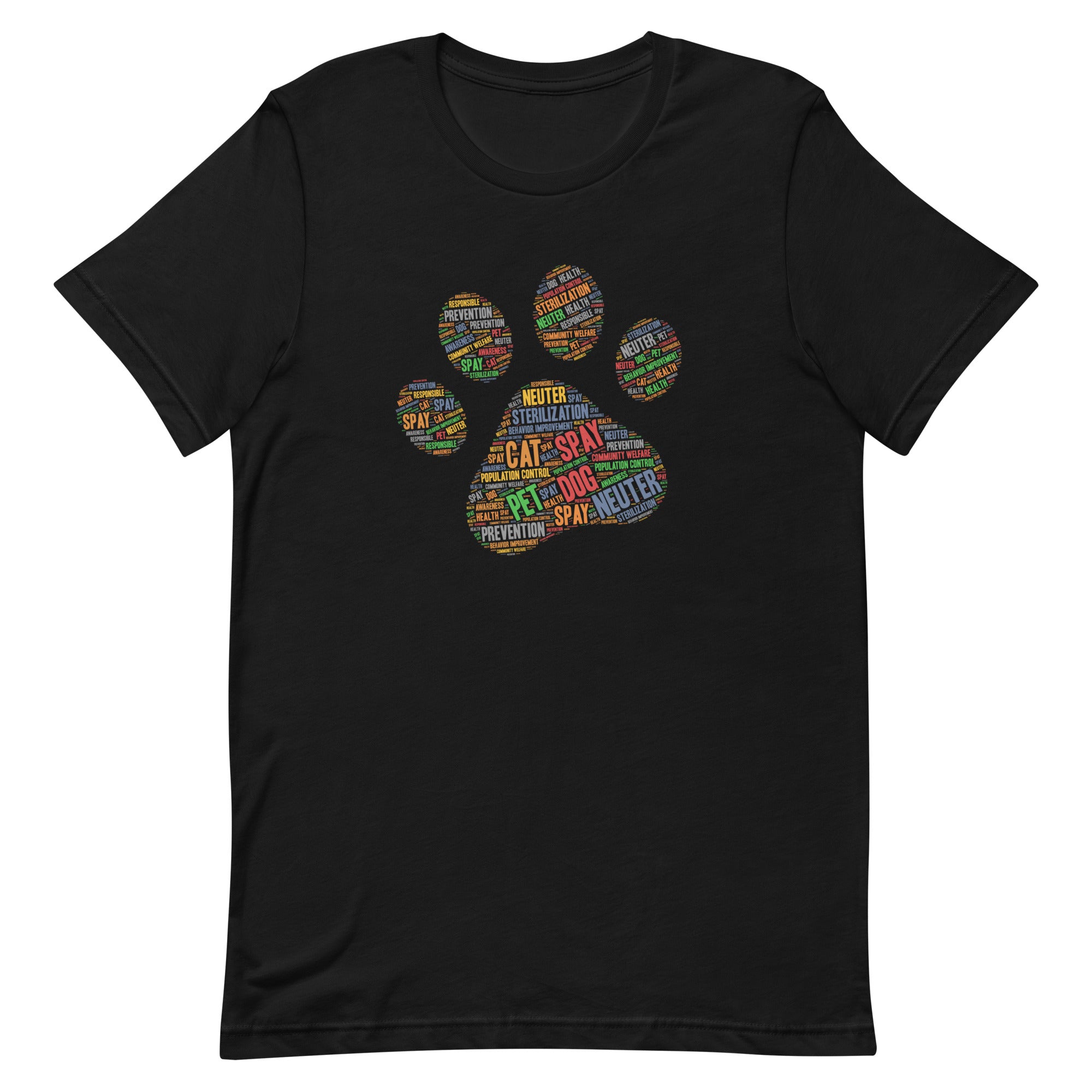 Spay and neuter black t-shirt with a paw print design