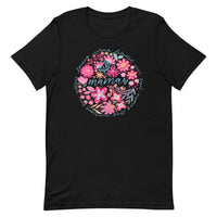 black women's t-shirt with vintage boho pink floral design with "Mama" text