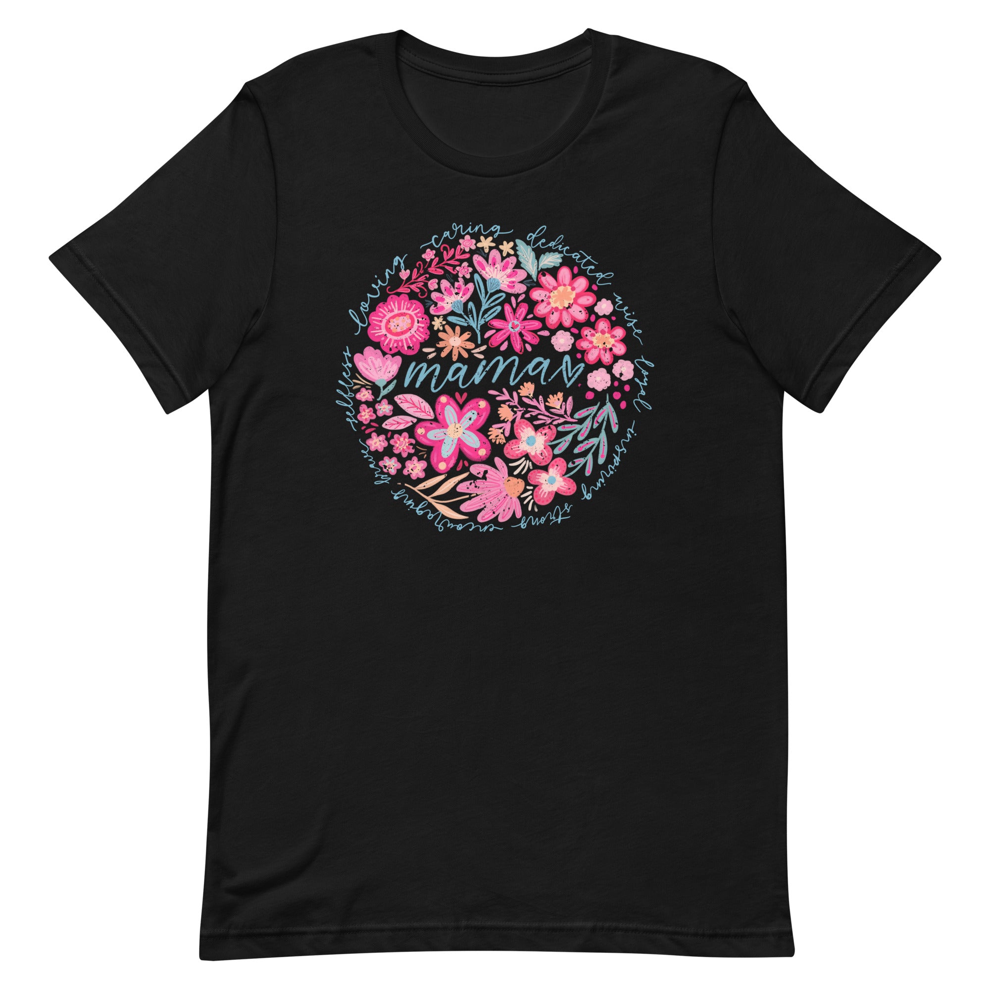 black women's t-shirt with vintage boho pink floral design with "Mama" text