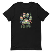 black t-shirt with text "Dog Dad" in dark green with a camo print dog paw print for outdoorsy pet lovers.