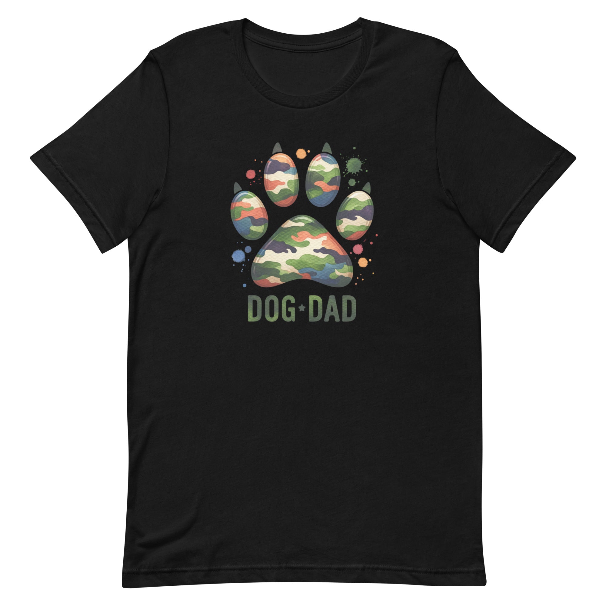 black t-shirt with text "Dog Dad" in dark green with a camo print dog paw print for outdoorsy pet lovers.