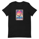 unisex black dog humor t-shirt with skeleton dog doing yoga on a tarot card. "downward dog" text on bright colors. 