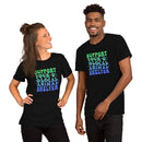 unisex black t-shirt "support your local animal shelter" wavy text in blue and green for pet lovers