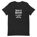Black t-shirt with white text 'SPAY & NEUTER HELP CONTROL THE PET POPULATION'