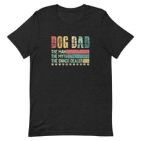 men's vintage dark gray t-shirt with "Dog Dad, the man, the myth, the snack dealer" distressed text 